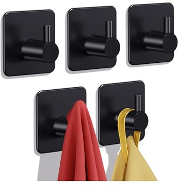 Auxmir Ganchos Adhesivos Baño de Acero Inoxidable, Toalleros sin Taladro Resistentes, Colgador Toallas Baño Grande, 5 Pack Negro (4.5x4.5cm)