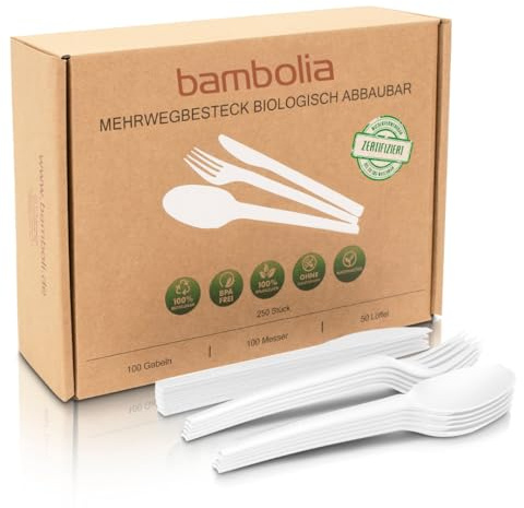 bambolia® Mehrwegbesteck | PREMIUM Besteck Set | Robust Reisebesteck Campingbesteck | Partybesteck wiederverwendbar, geschmacksneutral, biologisch abbaubar | 250 Stück (Weiß)