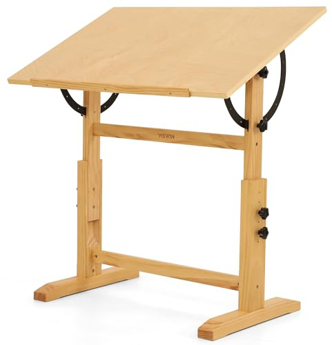 VISWIN Wood Drafting Table for Adults, 24'' x 35 Drawing Table with Adjustable Height & Angle for Art Studio, Solid Pine Wood Artist Desk for Drawing, Drafting, Writing, Reading, Sketching