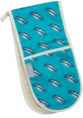 Mackerel Double Oven Glove, 100% Cotton Outer, Terry Towelling Inner, 18cm x 84cm, Teal, Illustrated by Tracey Cooper