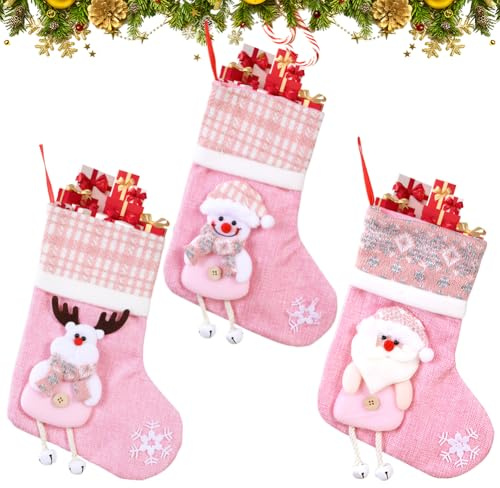 ZJILIXIA 3 Stück Weihnachtsstrümpfe Rosa,Nikolaussocke Zum Aufhängen,Weihnachtsbaum Socken,Nikolausstiefel Zum Befüllen Klein,Weihnachtsdeko,Rosa Weihnachtssocken Für Kamin Dekoration
