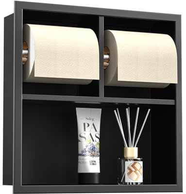 Bernkot Porte-papier toilette encastré en acier inoxydable avec rangement - 34 x 34 x 10 cm - Noir