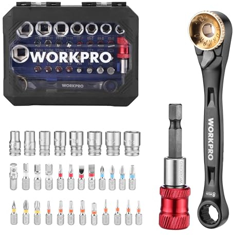 WORKPRO 34-Piece Double-Ended 1/4 Mini Ratchet Wrench Set, 72-Tooth Socket Wrench with 23-Piece Screwdriver Bits and 8-Piece Sockets