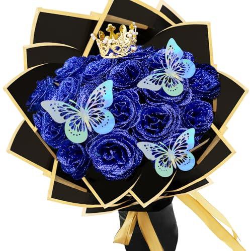LARDUX 24 Stück Glitzer-Rosenstrauß, Glitzer Rosen Bouquet, künstliche Rosensträuße, DIY künstliche Glitzer-Blumensträuße mit Krone für Valentinstag, Hochzeit, Verlobung, Geburtstag (Blau)