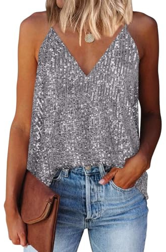 EUDOLAH Mujer Lentejuelas Top Cuello V Sin Mangas Verano Halter Chaleco Casual Suelto Moda Playa Fiesta(Gris Claro,XXL)