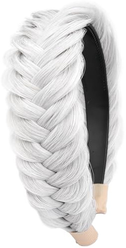 Gledola Wide Messy Braided Headband with Teeth Synthetic Hair Braided Headband High Elasticity Braids Braided Hair Band Hairpiece for Girls Women (Weiß Grau)