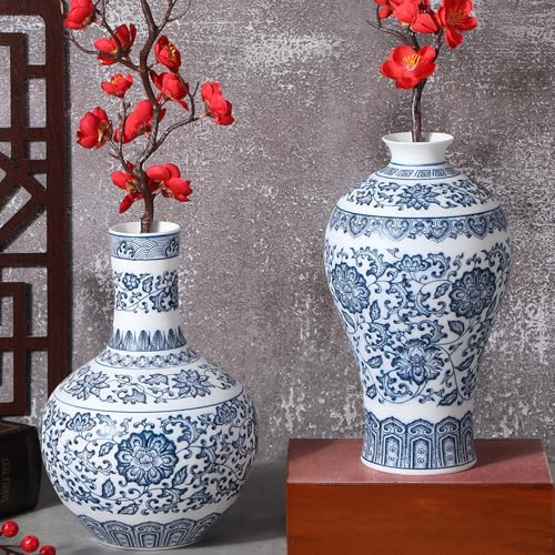 Maxcheck Lot de 2 vases en porcelaine bleu et blanc de 22,9 cm - Chinoiserie vintage - Vase oriental chinois fait à la main - Décoration florale classique pour maison, bureau, bibliothèque, table