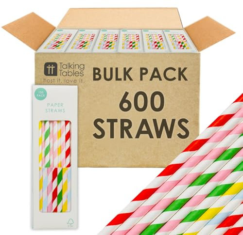 Talking Tables 600 x Bulk Stripy Paper Straws Cocktail Disposable Drinking Straws Striped for Birthday, Wedding, Party, Catering, Bar, Red, White, Blue, Yellow, 19.5 cm