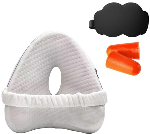 DXPETA 3-Piece Sleep Set, Knee Pillow for Sleeping on Side with Memory Foam Leg Pillow, Sciatica Pillow for Pain Relief, Includes Eye Mask and Ear Plugs for Alignment Comfort