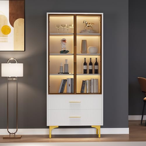 Elegant glasvitrinskåp med två dörrar – 70 x 35 x 150 cm – glasdörrar, gyllene ben, rörliga hyllor, vitrinskåp med LED-ljus, skåp, glasvitrinskåp, högskåp, stående vitrinskåp