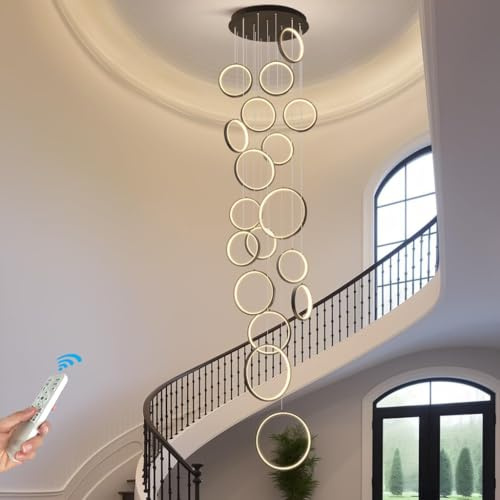 Modern LED Hängelampe Dimmbar Ringe Pendelleuchte Wohnzimmerlamp, Lange Treppenhaus Schwarzer LED Kronleuchter, Treppe Hängeleuchte Schlafzimmer Esszimmer Küchenlampe Höhenverstellbar Lampen(18 Rings)