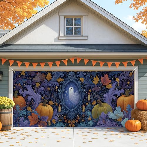 Fanciful Ghost - Cubierta para puerta de cochera, calabaza otoñal violeta, decoración grande para puerta de garaje, decoración de fondo de fiesta de Halloween para interiores y exteriores, 157 x 71