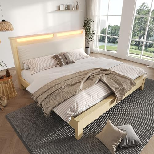 Kebnor Holzbett, Kopfteil mit Stauraum, LED-Beleuchtung und Beigefarbener Cordpolster-Rückenlehne, Bettrahmen mit Holzlatten, Heller Eiche(Ohne Matratze&Bettbank) (180×200cm Bett)
