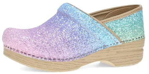 Dansko Professional Glitter Slip-On Clogs for Women - Rocker Sole and Arch Support for Comfort - Shiny and Stylish Glitter Uppers Pastel Rainbow 8.5-9 M US