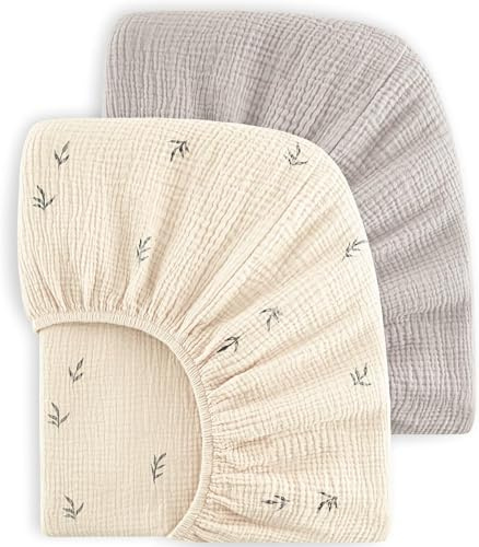 Bearmoss 2er Set Kinder Spannbettlaken,Musselin-Bettlaken 100% Baumwolle Baby-Bettlaken 60x120cm/140x70cm Reisebett Spannlaken Beistellbett Leintücher (Apricot-Grau, 60x120cm)