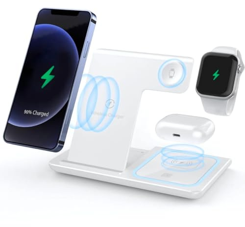 Stazione di ricarica wireless 3 in 1 – Dock di ricarica pieghevole bianco con luce di ricarica commutabile – compatibile con Apple iPhone, Samsung Galaxy, AirPods, Apple Watch – Ricarica rapida