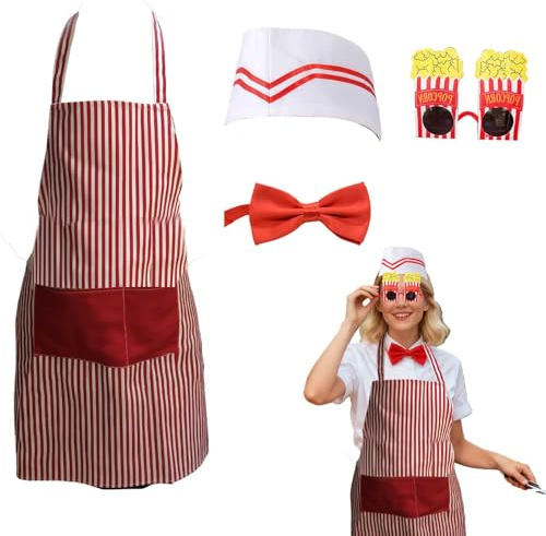 Ensemble de cuisine vintage pour femme – 1 tablier rayé rouge et blanc avec 2 poches, 1 toque de chef, 1 nœud papillon rouge ajustable, 1 paire de lunettes à popcorn – Idéal pour les fêtes, les j