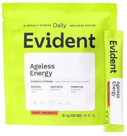 EVIDENT WELLNESS Ageless Energy Powder – CoQ10 Supplement w/Taurine, Vitamins B6 & B12 & ATP – Helps Improve Energy & Heart Function, Reduce Muscle Fatigue – 30 Stick Packs, Orange Pomegranate