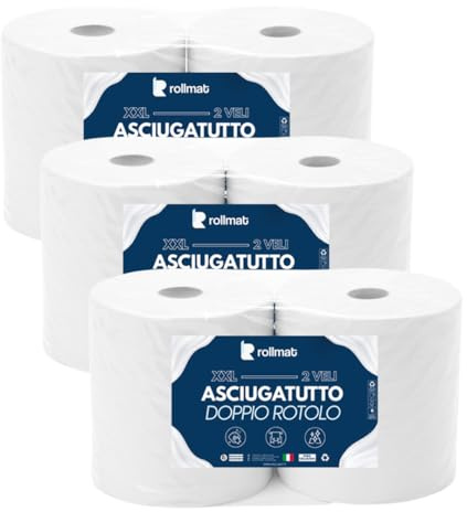 ROLLMAT – PACCO 6 ROTOLONI Asciugatutto Goffrati in Pura Cellulosa 2 Veli, 243 H cm × 26 Ø cm, 2×351 Strappi – Carta Cucina Professionale per Uso Domestico e Industriale, Alta Assorbenza e Resistenza