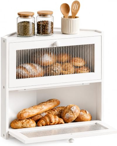 BAMBANG Corner Bread Box for Kitchen Countertop, Double Layer Bamboo Bread Storage Container, Farmhouse Large Bread Bin Counter Top, Wooden Breadbox Holder for Homemade Bread, White