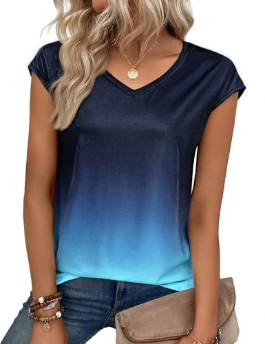 Aottori Summer Short Sleeves Tops for Women V Neck T Shirts Ladies Tie Dye Loose Fit Basic Tee Undershirt Casual Stretch Tunic Top UK Dark Blue XXL