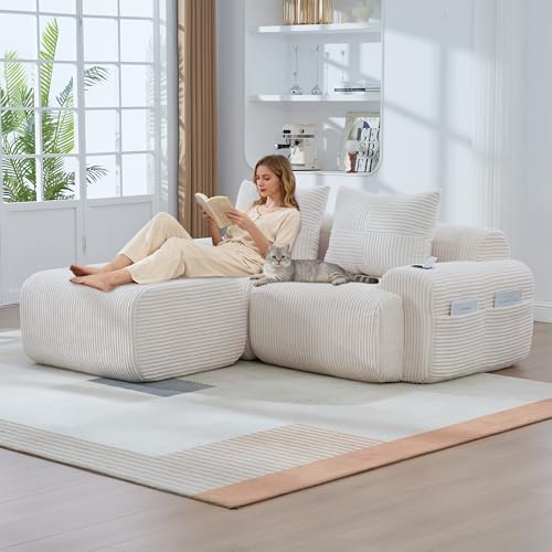 Jaxenor 2-Sitzer Cloud Sofa mit Hockern, Boneless Couch mit 2 Kissen, Modulares Cordsofa für Wohnzimmer, Schlafzimmer, Schaumstoff Sofa mit Getränkehalter und Seitliche Tasche, Beige