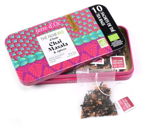Terre d'Oc - Thé Noir Bio d'Inde - Chai Masala Épices - 10 Sachets - 14g | Cardamome, Cannelle, Gingembre, Girofle - Boîte Métal - Infusion Chaleureuse et Épicée - Idée Cadeau Homme et Femme