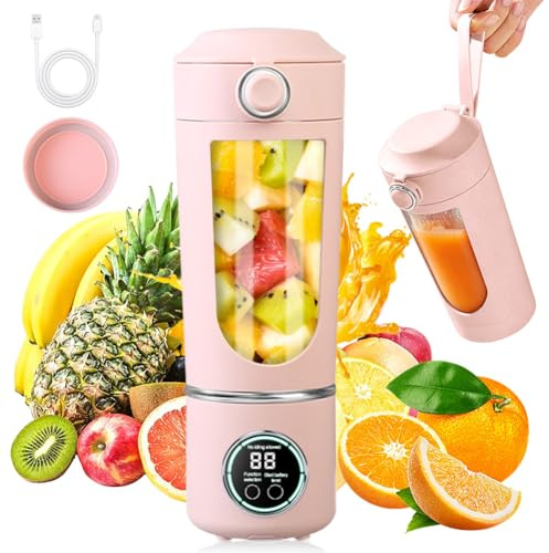 Mixeur portable de 700 ml - Petit presse-agrumes rechargeable - Avec 12 lames en acier inoxydable - Mini blender pour smoothies et shakes - Extracteur de jus portable pour voyage/bureau/sport (rose)