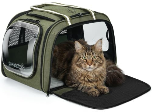 pecute Transportbox Hund XL mit Sichtfenster 55×38 ×35 cm, Grün | Katzen Transportboxen Atmungsaktive Stabile Haustiertransporttasche mit Einer Herausnehmbaren Plüschmatte