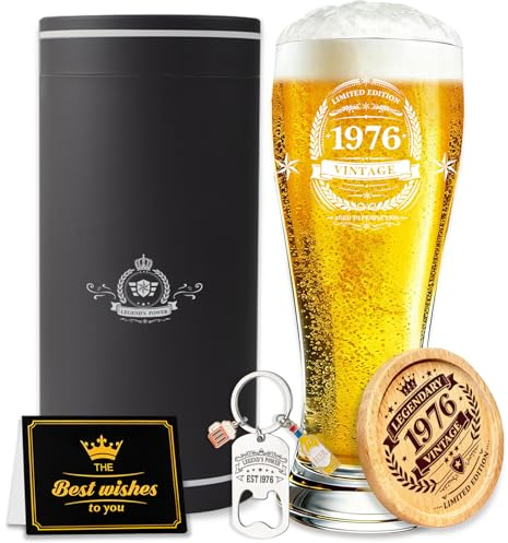 50th Birthday Gifts for Men, 580 ml Personalised Beer Glasses, Pint Glass 1976 Birthday Gifts for Men, Dad Husband Brother Uncle Birthday Gift Box with 50th Birthday Card, Bottle Opener,Wooden Coaster