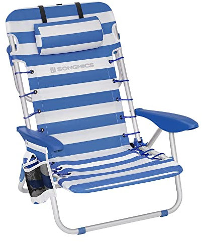SONGMICS Chaise de Plage, Chaise Camping Pliante, avec Bandoulière, Dossier Réglable, Appui-tête, Accoudoir, 2 Pochettes Latérales, Bleu et Blanc GCB62BU