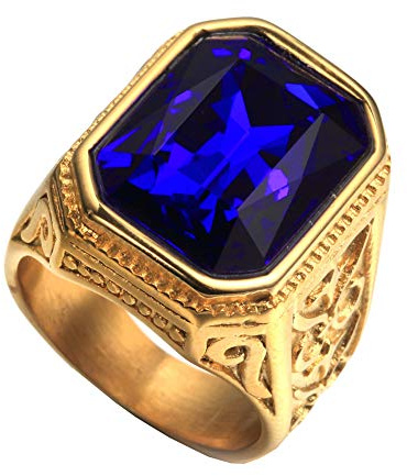 PAURO Anillo De Bodas Cuadrado Dorado De Oro De La Vendimia De Los Hombres De con Piedra Grande Rojo/Verde/Azul (Azul(Acero Inoxidable), 29)