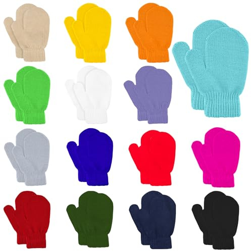 MENOLY 15 Pairs Kids Toddlers Magic Stretch Mittens Solid Color Winter Warm Kids Knit Gloves for Boys and Girls