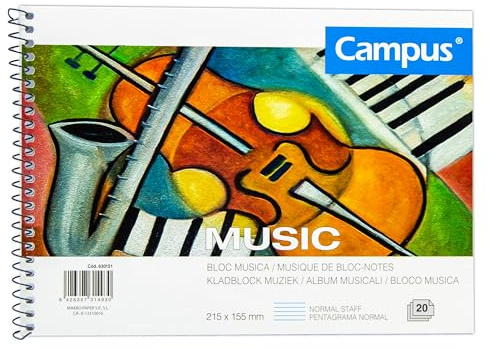 Campus – Cuaderno de Música con 20 Hojas de Pentagramas, Bloc de Música A5 con Papel de 80g y Tapa Dura de 350g, Libreta de 8 Pentagramas por Página (A5, Pentagrama Normal)