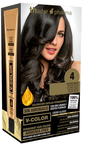 Thader Th Pharma V-Color Kit de Tinte permanente Sin Amoniaco con Oro Líquido 100% Cobertura de canas, 120 ml (No. 4 Castaño medio)
