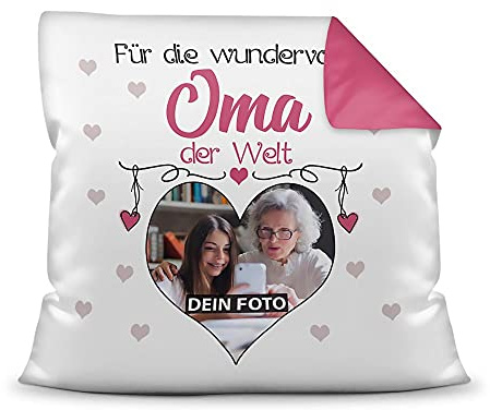 Print Royal Fotokissen mit Füllung für die Wundervollste Oma zum selbst Gestalten - Hochwertige Kissenhülle mit Reißverschluss, Rückseite Pink, 40 x 40 cm