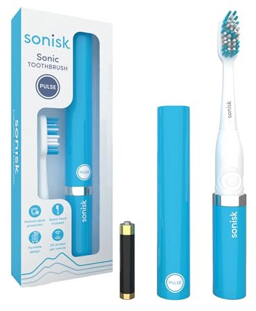 Sonisk Pulse | Battery Powered Electric Toothbrush | Portable Travel Size with Antimicrobial Sonic Technology | 1x Battery, 2X Brush Heads, 1x Travel Case Included (Brilliant Blue)