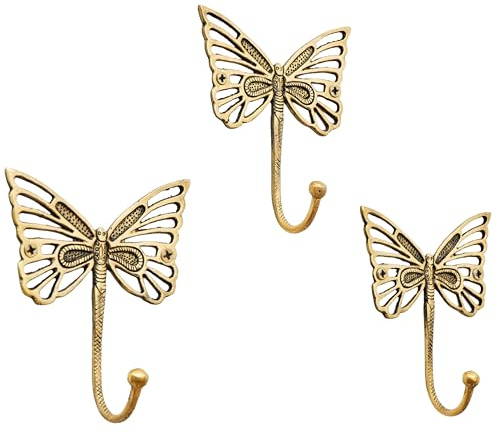 IndianShelf Decorative Brass 3 Butterfly Cute Kids Wall Hooks for Hanging Heavy Duty Coat Rack Wall Mount - Vintage Gold Towel Hooks for Coats, Keys, Backpack, Purse, Hat, Jewelry, Leash & More