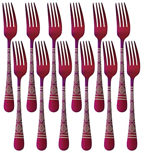 Dinner Forks, Buyer Star Stainless Steel Table Forks Set of 12, Classic Flower Pattern Metal Cutlery Forks Set for Home Kitchen Restaurant, Dishwasher Safe - (8.1 in, Magic Red)