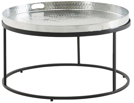 Wohnling Couchtisch Hammerschlag Metall 62x62x36 cm Sofatisch Aluminium Silber Schwarz, Design Wohnzimmertisch abnehmbares Tablett Rund, Tabletttisch Wohnzimmer, Beistelltisch Modern