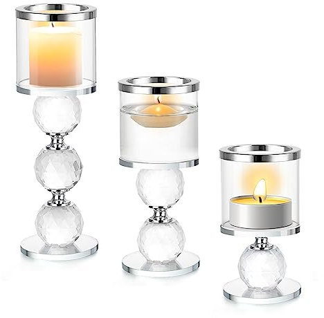ERWEY Kerzenständer 3er Set Kristall Kerzenhalter Stumpenkerzen Glas Kerzen Ständer Modern Kerzenhalter Stabkerze Teelichthalter für Hochzeit Wohnzimmer Tischdeko Party Deko (3 Stück, Silber)