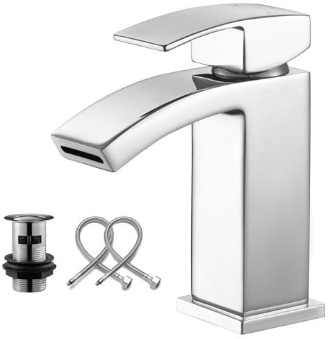Borlon Waterfall Bathroom Sink Taps Chrome Brass One Hole Mixer Taps for Bathroom Basin Modern Wash Tap with Pop-up Drain
