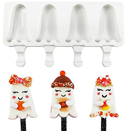 Shaped Popsicle Molds Cute Ghost Shape Ice Pop Molds Silicone 4 Cavities Popsicle Moulds for Kids Adults Ice Cream Mold Cake Pop Molds Homemade Popsicle Silicone Molds DIY Popsicle Maker