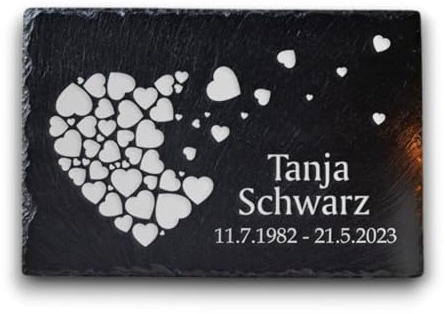 Die Geschenke Manufaktur Gedenktafel personalisiert, Herz Design mit persönlicher Gravur, Grabstein/Grabplatte aus natürlichem Schiefer, Individueller Grabschmuck aus Stein, Trauer