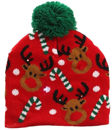Amagogo Weihnachtsmütze LED-Weihnachtsmütze Strickmütze für Erwachsene Kinder Weihnachtsstrickmütze Wintermütze für Weihnachten drinnen und draußen, Roter Elch
