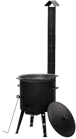 4BIG.fun Stahl Utschak Utschag Campingofen 15L Gusseisen Kazan mit Gusseisen Deckel Kasan Feuerstelle Feldküche mit Abzugsrohr 40cm Holz oder Kohle