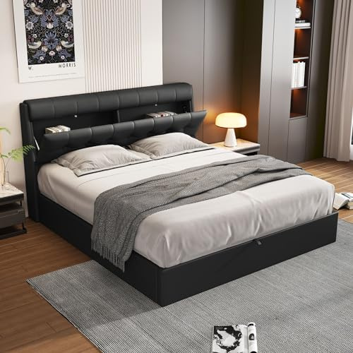 Kayan Polsterbett 140x200cm, Boxspringbett mit hydraulisches Bettkasten, Bett mit Lattenros, Stauraum Kopfteil, Doppelbett Jugendbett Bettrahmen, Kunstleder, Ohne Matratze (Schwarz, 140x200 cm)