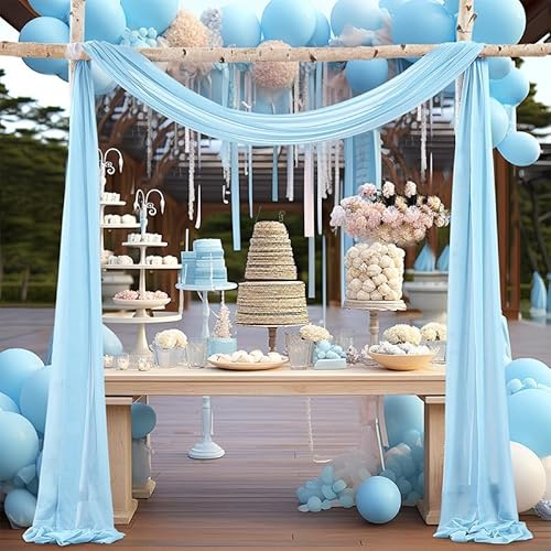 Querbehang Freihanddeko,1 Stück 75 * 400cm Chiffon Tüll Foto Hintergrund Vorhang Hochzeitsbogen Drapierung Stoff Freihanddeko Dekoration für Hochzeit Fotografie Party Geburtstag Taufe -Blau