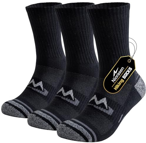 Niorasen Mens Sports Socks, Cushioned Anti Blister Hiking Walking Socks, Breathable Cotton Running Sock, Multi Performance Crew Outdoor Athletic Sock for Trekking Cycling Work 3 Pairs, Black 9-12