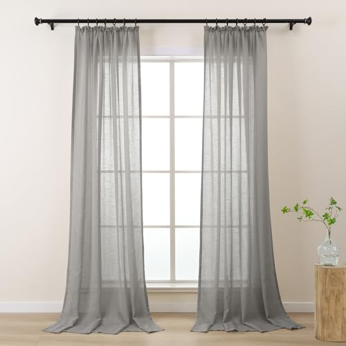 L.Z.E Grey Semi Sheer Curtains for Living Room Bedroom Gray Linen Look Pencil Pleat Curtains & Drapes 96 Drop 245 cm Long 2 Panels Set Transparent & Lightweight Window Sheers (W 51.1 x L 96.5)